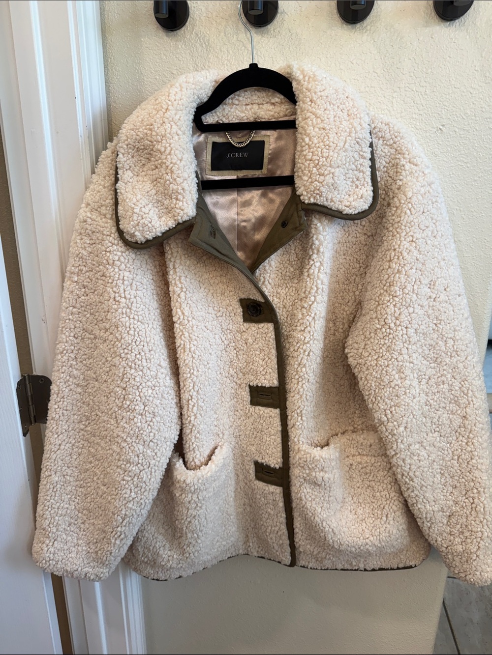 J. Crew Cream Teddy Sherpa Jacket with Olive Trim